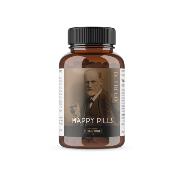 Braune Flasche mit schwarzem Deckel, etikettiert mit "Happy Pills" und einem Bild von Dr. Freud im Hintergrund.