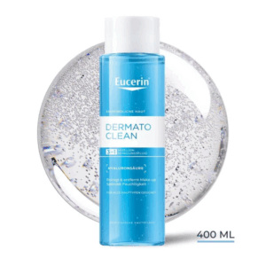 Flasche mit Eucerin Dermato Clean, 3-in-1 Mizellen-Reinigungsfluid für empfindliche Haut, Inhalt 400 ml.
