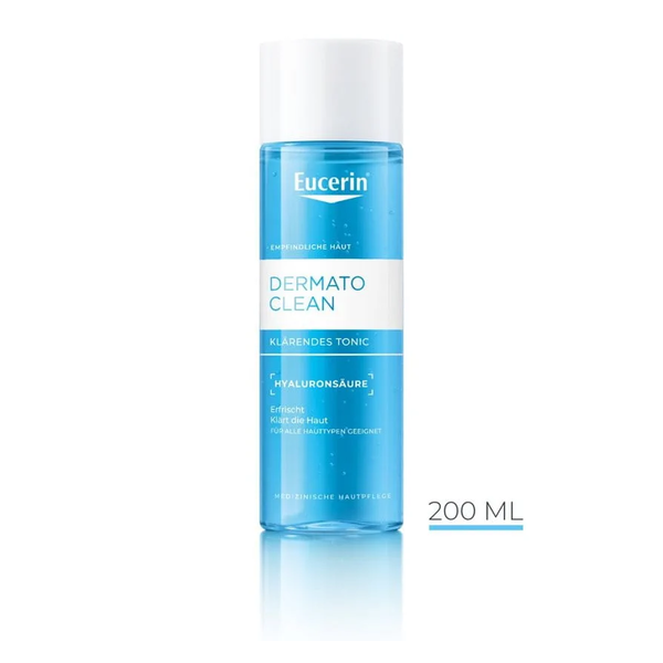 Flasche Eucerin Dermato Clean klärendes Tonic mit 200 ml, blau und weiß, für empfindliche Haut.