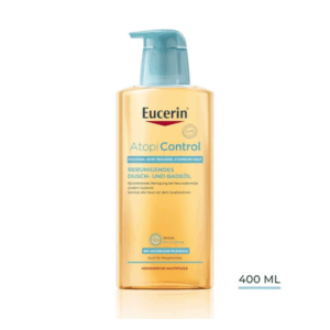 Flasche mit Eucerin AtopiControl, beruhigendes Dusch- und Badeöl für trockene Haut, 400 ml, mit blauer Pumpe.