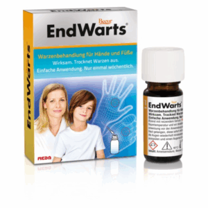 Packung von EndWarts zur Warzenbehandlung mit einer Flasche und Bildern einer Hand und einem Kind.