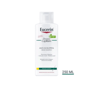 Eucerin Dermo Capillaire Anti-Schuppen Creme Shampoo in einer weißen Flasche mit grünem Deckel, 250 ml.