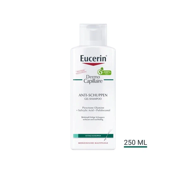 Eucerin Dermo Capillaire Anti-Schuppen Gel Shampoo in einer weißen Flasche mit grünem Schriftzug, 250 ml.