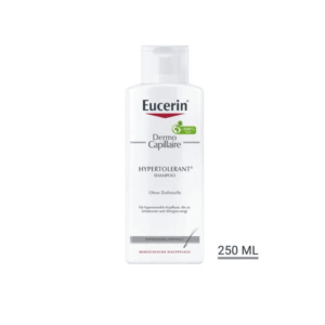 Flasche Eucerin Dermo Capillaire Hypertolerant Shampoo, 250 ml, für empfindliche Kopfhaut, ohne Duftstoffe.