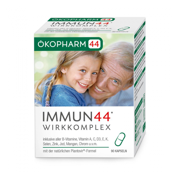 Verpackung des Produkts IMMUN44 Wirkkomplex mit Abbildung eines lächelnden Mädchens und eines älteren Mannes.