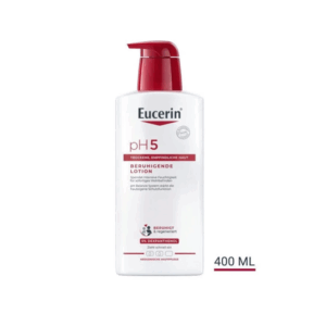 Flasche Eucerin pH 5 beruhigende Lotion für trockene Haut, 400 ml, mit Spender und roter Kappe, medizinische Hautpflege.