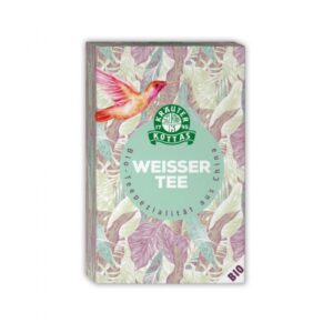 Verpackung von Kräuter Kottas weißem Bio-Tee mit einem bunten Vogel und Blättern auf dem Design.