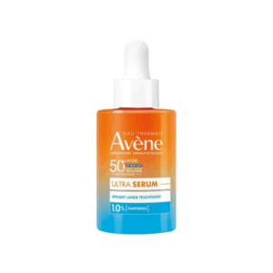 Flasche mit orangefarbenem Serum von Avène, 50+ UV-Schutz und feuchtigkeitsspendenden Eigenschaften, mit Pipette. 
