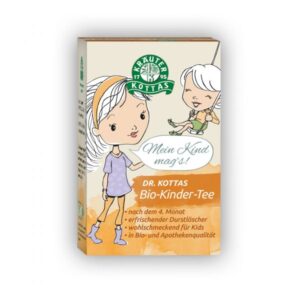Packung mit Bio-Kinder-Tee von Dr. Kottas, kindgerechtes Design und Hinweise zur Verwendung ab dem 4. Monat.