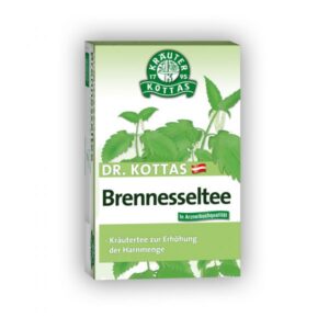 Verpackung von Dr. Kottas Brennnesseltee mit grünen Pflanzenmotiven und Info zur Anwendung.