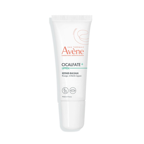 Tube mit Lippenbalsam von Avène, zur Reparatur rissiger Lippen, in Weiß mit grünen und orangefarbenen Akzenten.