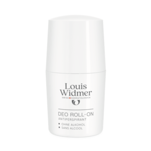 Weißer Roll-On Deo von Louis Widmer, alkoholfrei, mit klarer Beschriftung und runder Kappe.