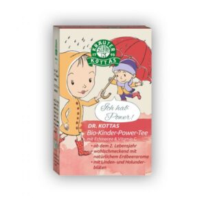 Paket des Bio-Kinder-Power-Tees mit fröhlichen Farbillustrationen von Kindern im Regen.