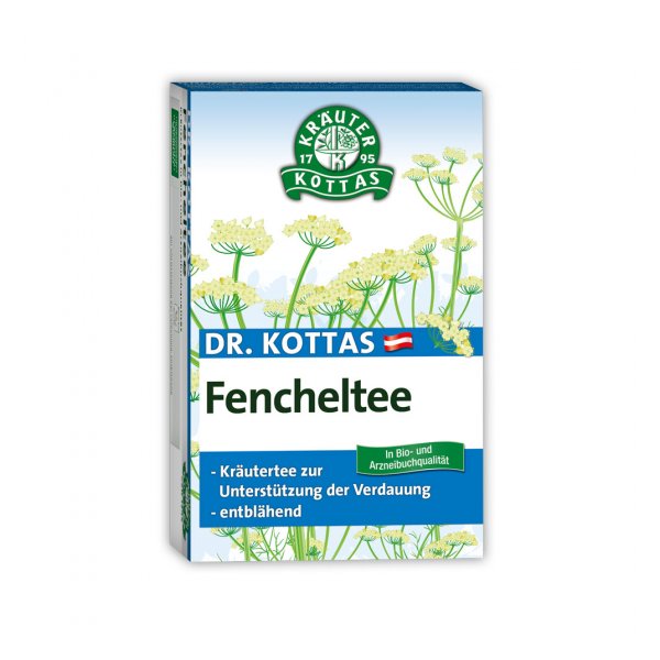 Verpackung von Dr. Kottas Fencheltee, mit einem Bild von Fenchelblüten und Informationen zur Verdauungsunterstützung.
