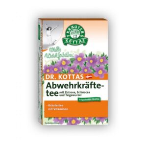 Verpackung von Dr. Kottas Abwehrkräfte-Tee mit Zistrose, Echinacea und Taigawurzel, farbenfrohes Design mit blühenden Pflanzen.
