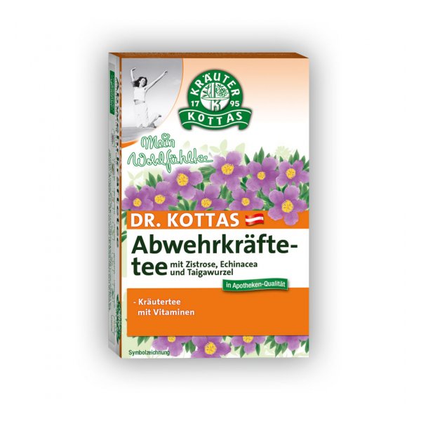 Verpackung von Dr. Kottas Abwehrkräfte-Tee mit Zistrose, Echinacea und Taigawurzel, farbenfrohes Design mit blühenden Pflanzen.