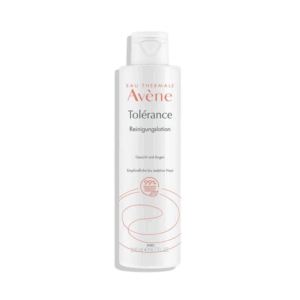 Flasche mit Avène Toleranz Reinigungs lotion für Gesicht und Augen, geeignet für empfindliche Haut.