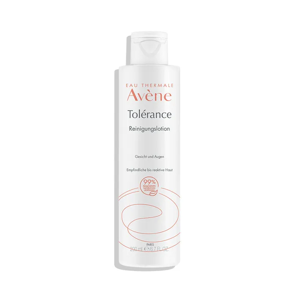 Flasche mit Avène Toleranz Reinigungs lotion für Gesicht und Augen, geeignet für empfindliche Haut.