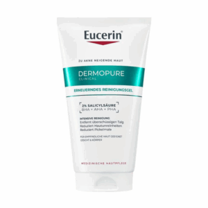 Eucerin Dermopure Erneuerndes Reinigungsgel in einer weißen Tube mit grüner Beschriftung, enthält 2% Salicylsäure.