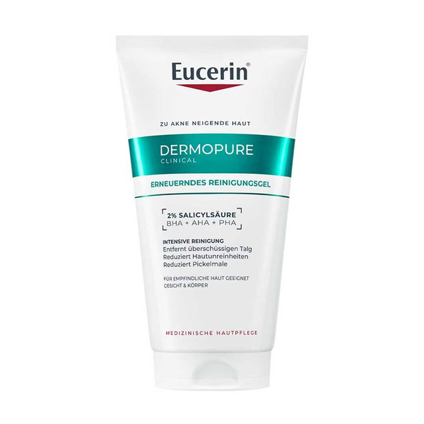 Eucerin Dermopure Erneuerndes Reinigungsgel in einer weißen Tube mit grüner Beschriftung, enthält 2% Salicylsäure.