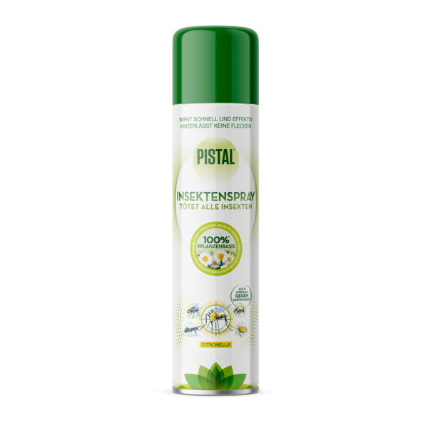Insektenspray in einer grünen Sprayflasche mit pflanzlichen Inhaltsstoffen und Citronella.