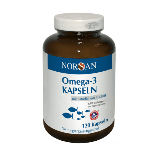 Braune Flasche mit weißen Deckel, enthält Omega-3 Kapseln aus Fischöl, etikettiert mit NORSAN und 120 Kapseln.