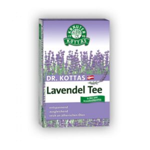 Verpackung von Dr. Kottas Lavendel Tee mit lila Lavendelblüten und Beschreibung der entspannenden Wirkung.