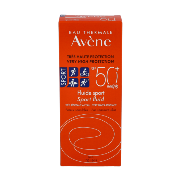 Packung Sonnencreme Eau Thermale Avène mit hohem UV-Schutz und wasserfester Formel für empfindliche Haut.