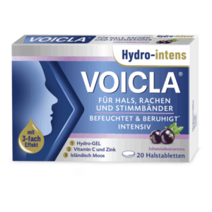 Verpackung von VOICLA Halstabletten zur Linderung von Hals-, Rachen- und Stimmbaumbeschwerden mit Johannisbeergeschmack.