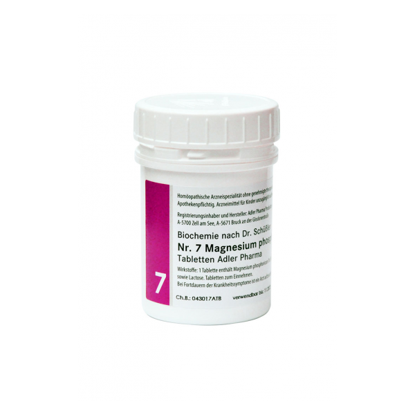 Weißer Behälter mit Schraubverschluss, enthält homöopathische Magnesiumphosphat-Tabletten von Adler Pharma.