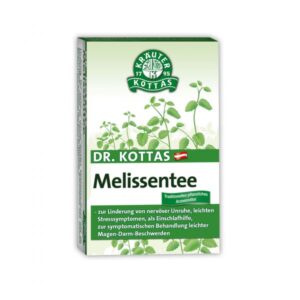 Verpackung von Dr. Kottas Melissentee mit Kräutern auf grünem Hintergrund.