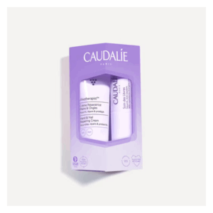 Geschenkset von Caudalie mit Hand- und Nagelcreme sowie Lippenpflege in lila Verpackung.