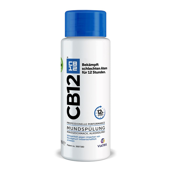 Flasche mit Mundspülung von CB12, alkoholfrei mit Minzgeschmack, für frischen Atem, 12 Stunden Wirkung.