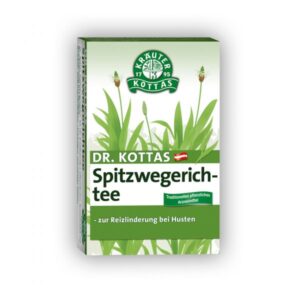 Verpackung von Dr. Kottas Spitzwegerichtee, traditionelle pflanzliche Arznei zur Linderung von Hustenreiz.