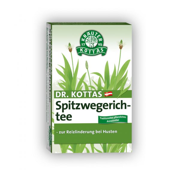 Verpackung von Dr. Kottas Spitzwegerichtee, traditionelle pflanzliche Arznei zur Linderung von Hustenreiz.