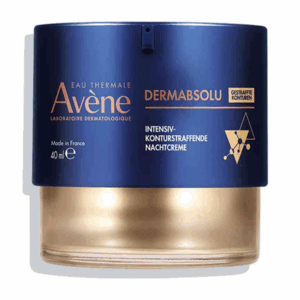 Helle Nachtcreme in einem blauen Glasbehälter mit goldenen Akzenten, Marke Avène, 40 ml, gegen Hautalterung.