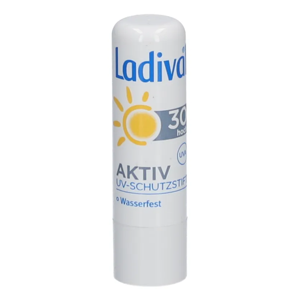 Ladiva UV-Schutzstick mit Lichtschutzfaktor 30, wasserfest, in einer weißen Verpackung mit gelben und blauen Schriftzügen.
