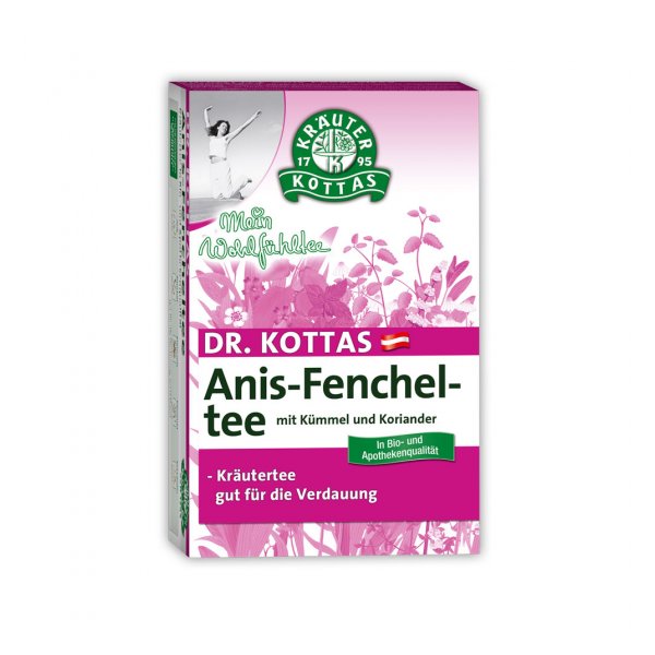 Paket für Anis-Fenchel-Tee mit Kümmel und Koriander, Kräuterteemarke Dr. Kottas, in Bio- und Apothekenqualität.