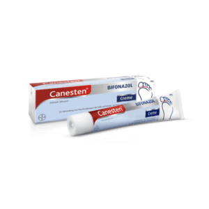Tube mit Canesten Bifonazol Creme zur Behandlung von Pilzerkrankungen, verpackt in einer Farbbox.