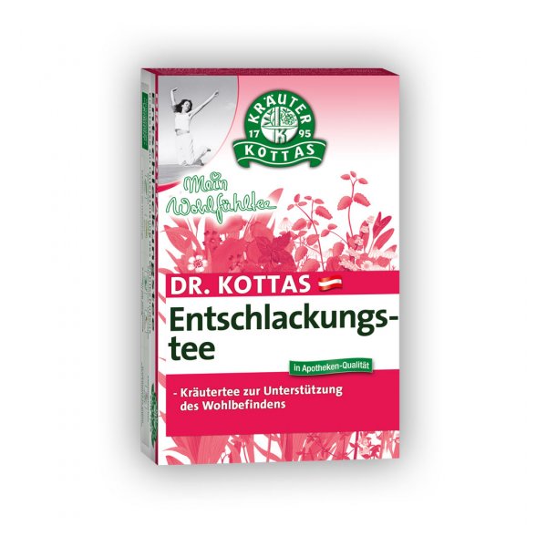 Verpackung des Dr. Kottas Entschlackungstees mit Kräutermotiven und Hinweis zur Unterstützung des Wohlbefindens.