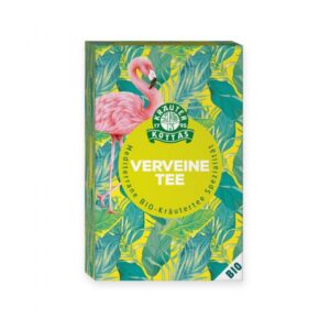 Verpackung für BIO-Verveine-Tee mit buntem, blattgrünem Design und pinkem Flamingo.