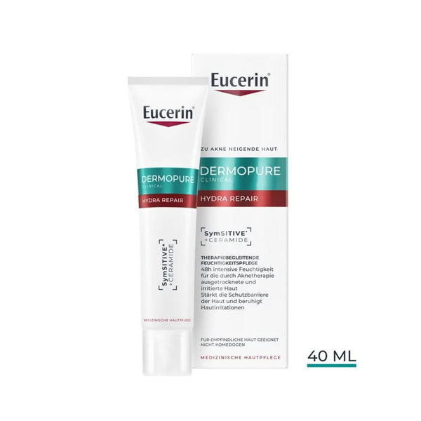 Eucerin Dermopure Hydra Repair Creme in einer Tube mit einem weißen und türkisfarbenen Design, verpackt in einer Kartonage.