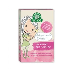 Verpackung von Dr. Kottas Bio-Still-Tee mit einer Illustration einer Frau, die ein Baby hält, in sanften Farben.