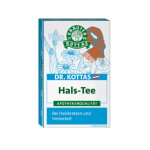 Verpackung von Dr. Kottas Hals-Tee, beleuchtet von Blumenmotiven, die den Heilungsanspruch unterstützen.