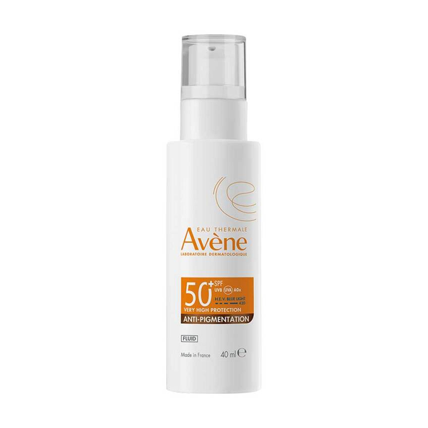Sonnenschutzfluid von Avène mit hohem Lichtschutzfaktor 50+, in einer weißen Flasche mit Spender.