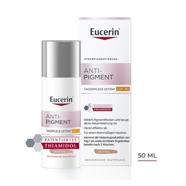 Eucerin Anti-Pigment Tagespflege mit LSF 30, zur Minderung von Pigmentflecken, 50 ml Flasche mit Verpackung.