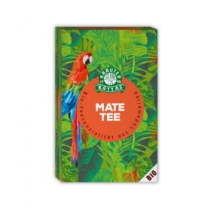Verpackung von Bio-Mate-Tee mit einem bunten Papagei und grünen Blättern im Hintergrund.