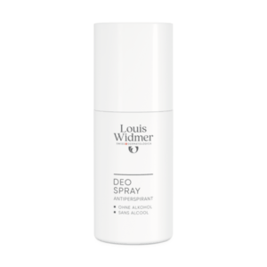 Weißes Deo Spray von Louis Widmer mit alkoholfreier Formel, in einfacher, klarer Verpackung.
