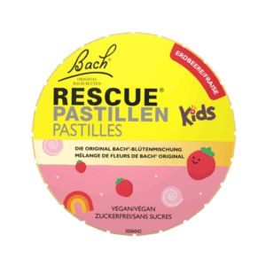Runde Verpackung von Bach Rescue Pastillen für Kinder mit Erdbeergeschmack und bunten Designs.
