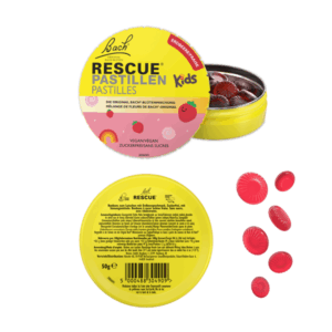 Gelbe Dose mit roten pastillenförmigen Bonbons, Erdbeergeschmack, für Kinder, vegan und zuckerfrei.